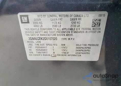 2016 Chevrolet Equinox Lt z USA, uszkodzony, nr VIN 2GNALCEK2G6107020